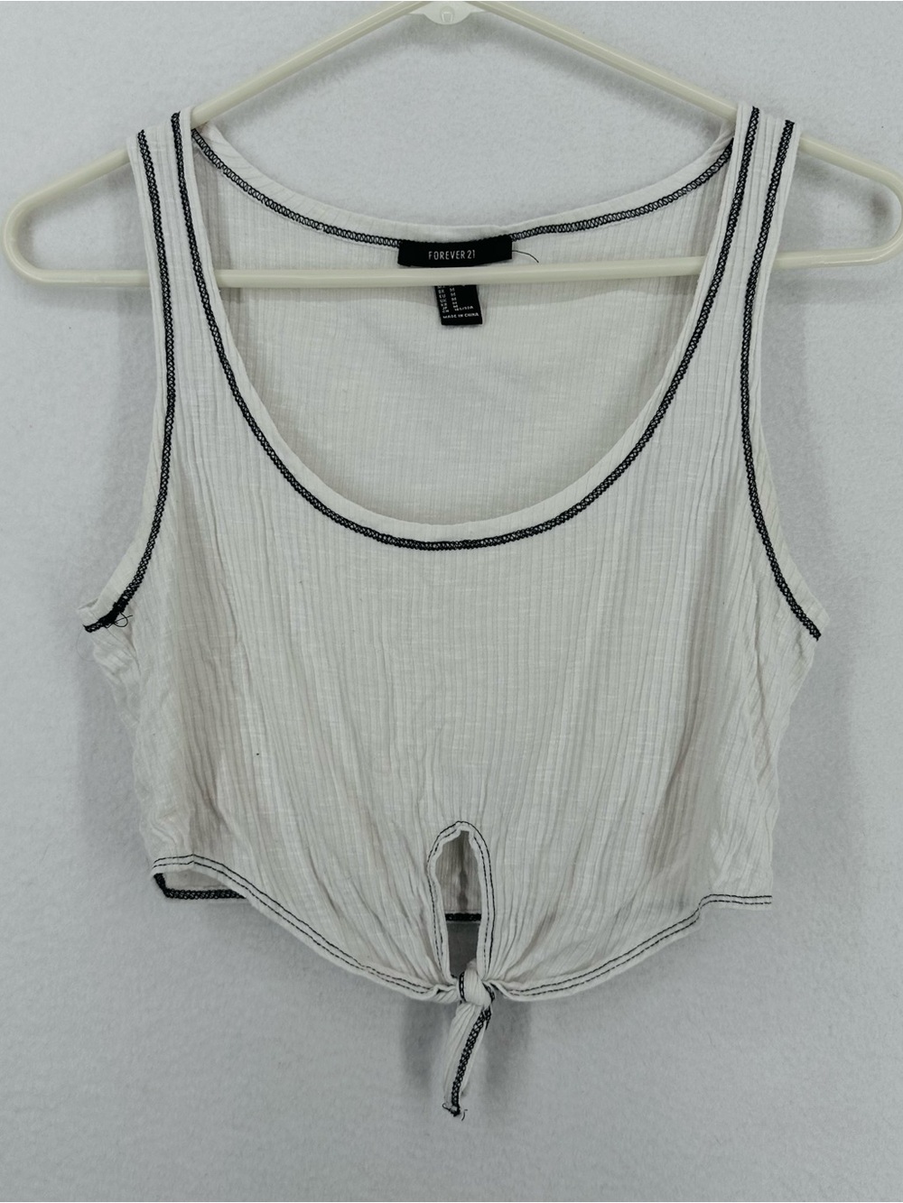 Forever 21 White Ribbed Tie Front Crop‎ Tank Top Stitch Sleeveless Size Medium